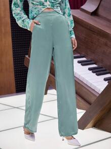 SHEIN Slant Pocket High Waist Trousers - Mint Green - View 6