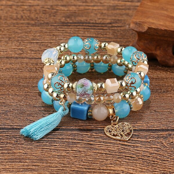 

3pcs Heart & Tassel Charm Beaded Bracelet, Baby blue