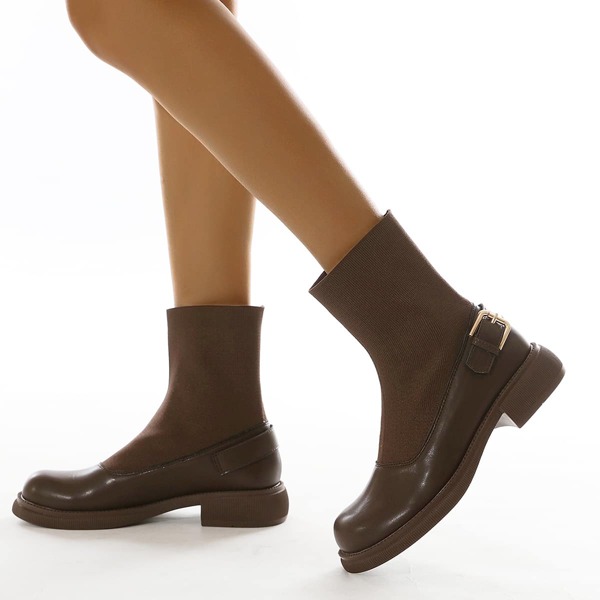 

Buckle Detail Panel Design Sock Boots, Chocolate brown