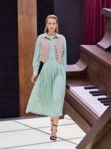 SHEIN Unity High Waist Fold Pleated Skirt - Mint Green - View 1