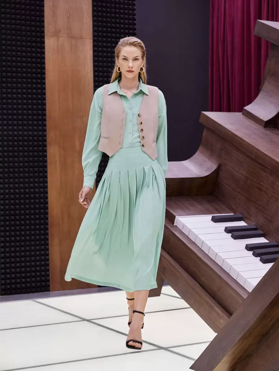 SHEIN Unity High Waist Fold Pleated Skirt - Mint Green - View 1