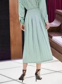 SHEIN Unity High Waist Fold Pleated Skirt - Mint Green - View 2