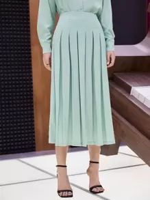 SHEIN Unity High Waist Fold Pleated Skirt - Mint Green - View 3