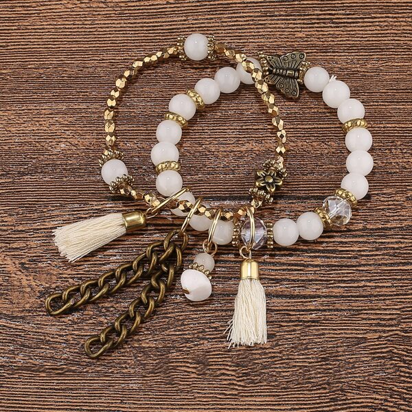 

2pcs Butterfly & Flower Decor Beaded Bracelet, White
