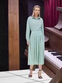 SHEIN Unity High Waist Fold Pleated Skirt - Mint Green - View 5