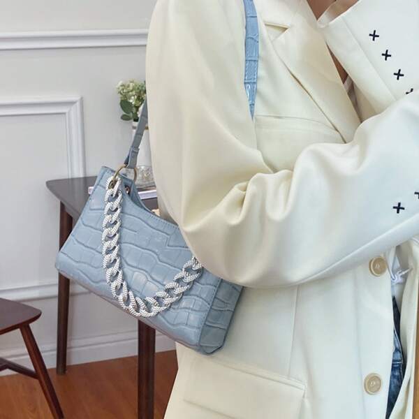 

Croc Embossed Chain Decor Baguette Bag, Blue