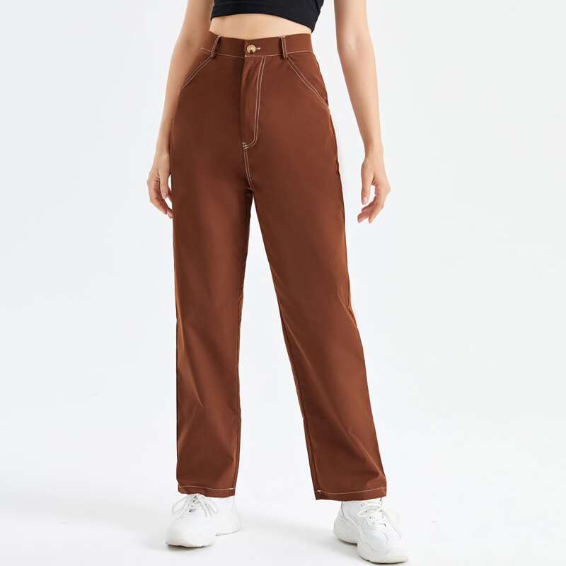 

Solid Straight Leg Pants, Coffee brown