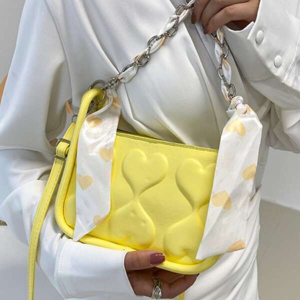 

Scarf & Chain Decor Textured Square Bag, Yellow