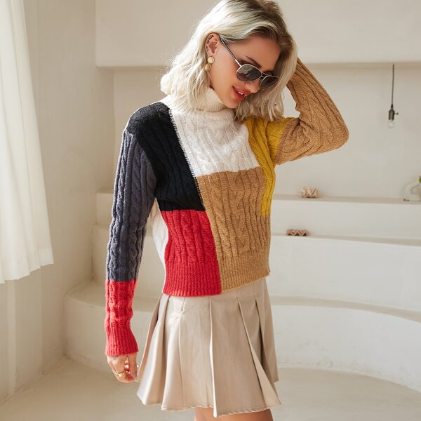 

High Neck Cable Knit Colorblock Sweater, Multicolor