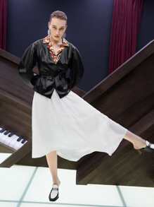 SHEIN Unity Solid Belted PU Leather Coat - Black - View 4