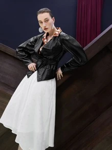 SHEIN Unity Solid Belted PU Leather Coat - Black - View 5