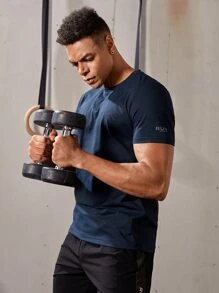 Manfinity Sport Corelite Camiseta básica de estilo novio para hombres, de secado rápido, transpirable, con diseño gráfico de letras - Azul Marino - Ver 1