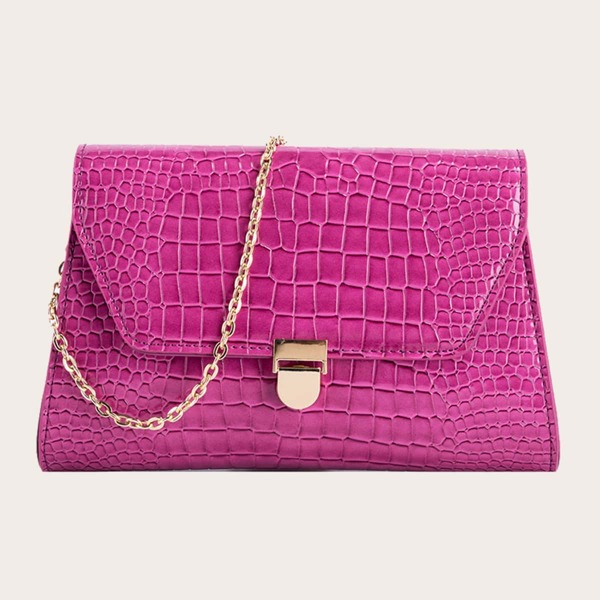 

Croc Embossed Flap Chain Bag, Hot pink