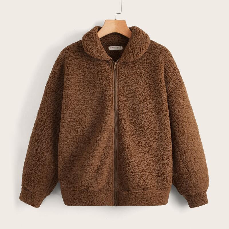 

Solid Zip Up Teddy Outerwear, Coffee brown