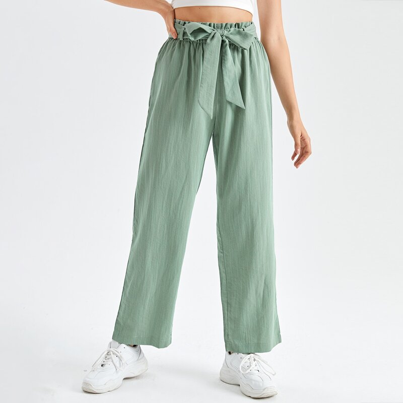 

Solid Paperbag Waist Belted Pants, Mint green