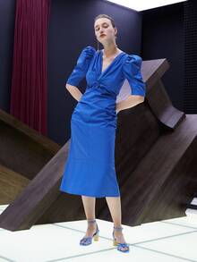 SHEIN 胸部扭結側收褶泡泡袖連衣裙 - 寶藍色 - 查看 2