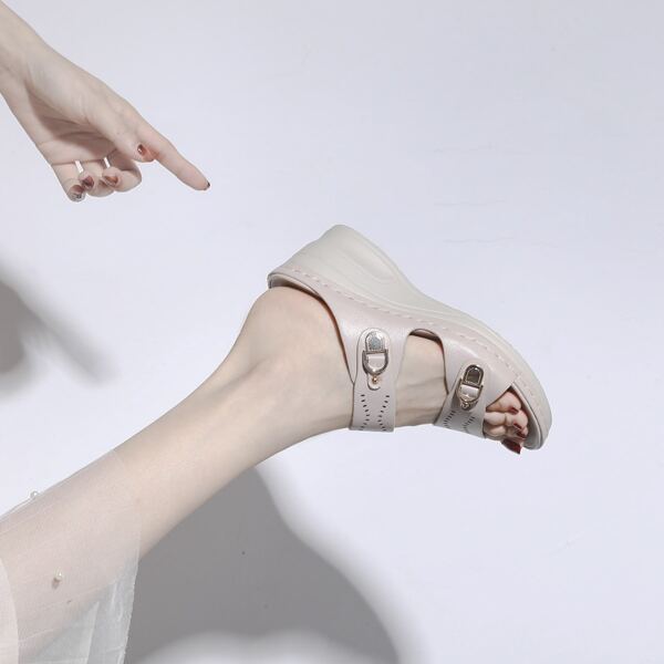 

Metal Decor Wedge Slide Sandals, Baby pink