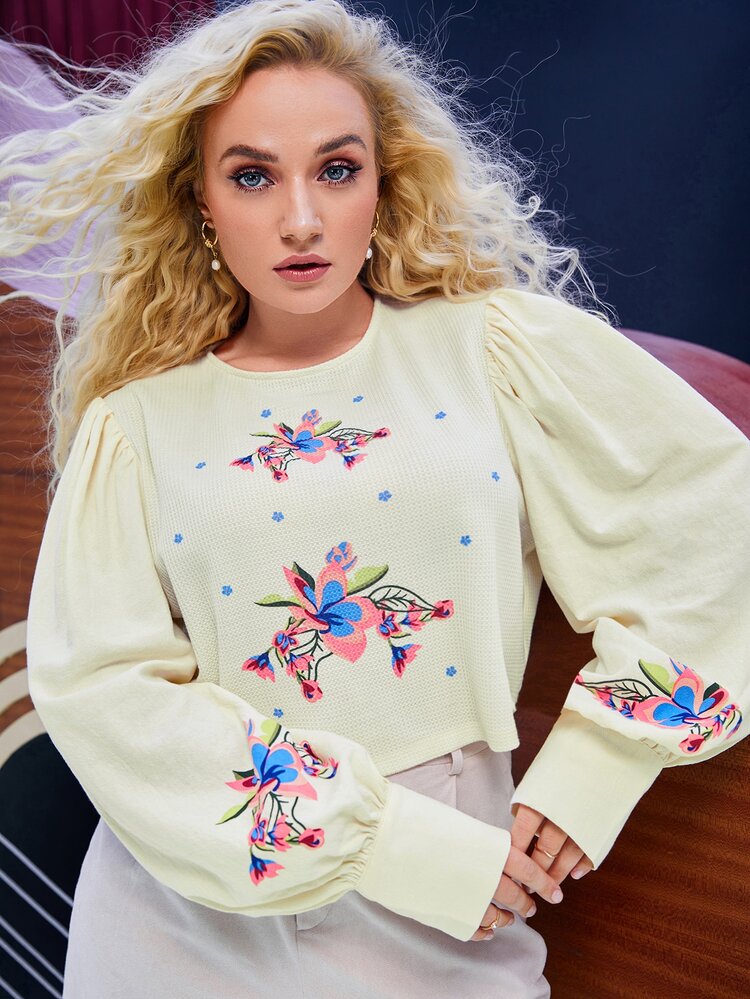 SHEIN 大碼印花燈籠袖後鎖孔上衣 - 杏色 - 查看 2