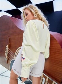 SHEIN 大碼印花燈籠袖後鎖孔上衣 - 杏色 - 查看 3