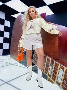 SHEIN 大碼印花燈籠袖後鎖孔上衣 - 杏色 - 查看 7