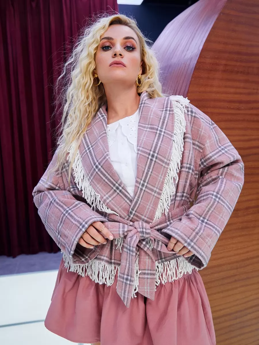 SHEIN Privé Plus Tartan Print Fringe Trim Belted Drop Shoulder Overcoat - Multicolor - View 1