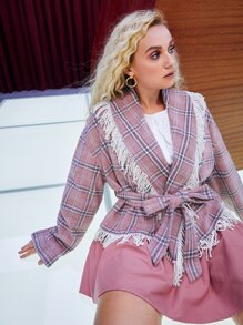 SHEIN Privé Plus Tartan Print Fringe Trim Belted Drop Shoulder Overcoat - Multicolor - View 5