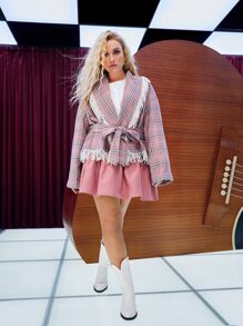 SHEIN Privé Plus Tartan Print Fringe Trim Belted Drop Shoulder Overcoat - Multicolor - View 6