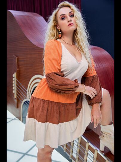 SHEIN 大碼撞色燈籠袖麂皮不附腰帶連衣裙