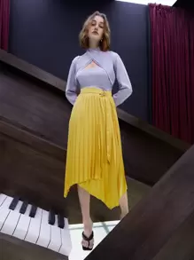 SHEIN Blusa unicolor de cuello asimétrico fruncido cremallera - Lila Púrpura - Ver 3