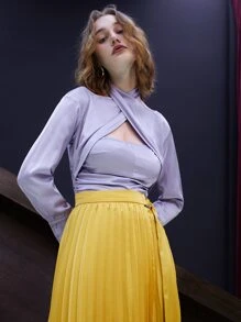 SHEIN Blusa unicolor de cuello asimétrico fruncido cremallera - Lila Púrpura - Ver 4