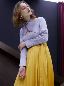 SHEIN Blusa unicolor de cuello asimétrico fruncido cremallera - Lila Púrpura - Ver 6