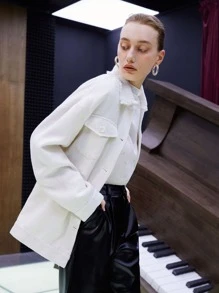 SHEIN Flap Pocket Raw Trim Tweed Coat - White - View 2