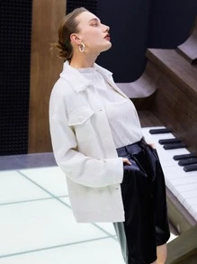 SHEIN Flap Pocket Raw Trim Tweed Coat - White - View 3