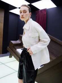 SHEIN Flap Pocket Raw Trim Tweed Coat - White - View 5