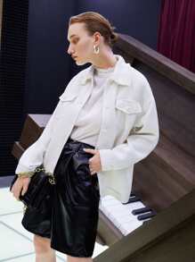 SHEIN Flap Pocket Raw Trim Tweed Coat - White - View 7