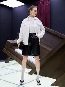 SHEIN Flap Pocket Raw Trim Tweed Coat - White - View 1