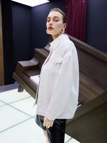 SHEIN Flap Pocket Raw Trim Tweed Coat - White - View 8