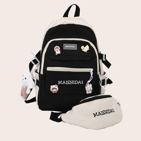 

Letter Graphic Backpack With Fanny Pack, Black