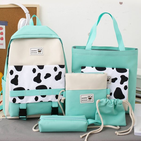 

5pcs Girls Cow Pattern Backpack Set, Green