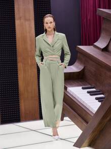 SHEIN Slant Pocket Wide Leg Trousers - Mint Green - View 1