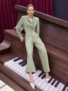 SHEIN Slant Pocket Wide Leg Trousers - Mint Green - View 3