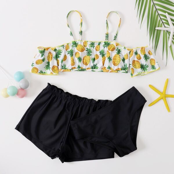 

3pack Toddler Girls Pineapple Print Lettuce Trim Bikini Swimsuit & Swim Shorts, Black
