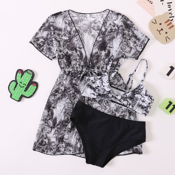 

3pack Toddler Girls Tie Dye Knot Front Bikini Swimsuit & Kimono, Black