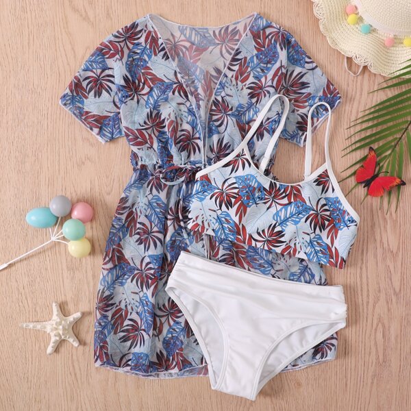 

3pack Girls Floral Print Contrast Binding Bikini Swimsuit & Kimono, Blue