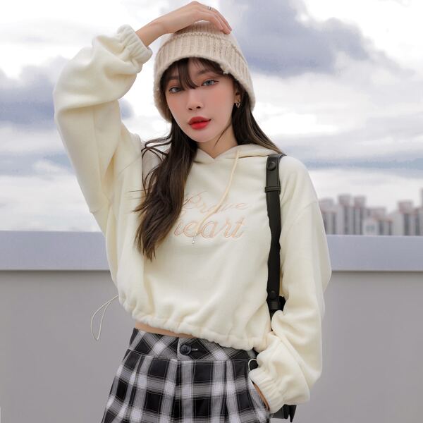 

Letter Embroidery Drop Shoulder Drawstring Fleece Hoodie, Beige