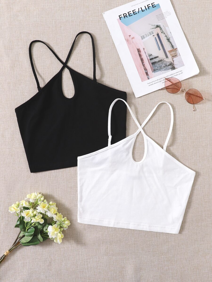 SHEIN EZwear 2 Packs Keyhole Neck Halter Top - Black and White - View 1