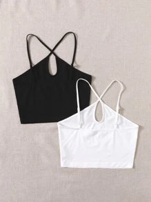 SHEIN EZwear 2 Packs Keyhole Neck Halter Top - Black and White - View 2