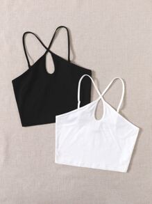 SHEIN EZwear 2 Packs Keyhole Neck Halter Top - Black and White - View 4