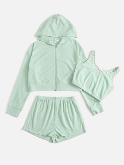 Solid Zipper Hoodie & Tube Top & Shorts