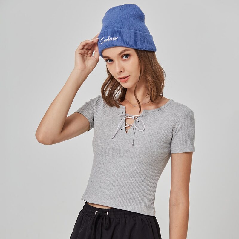 

Solid Lace Up Crop Tee, Grey